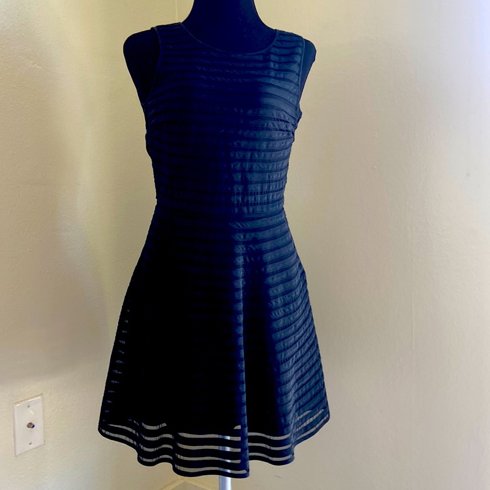 Black lined dress, side zipper, see through neck/ base skirt & skirt flares out